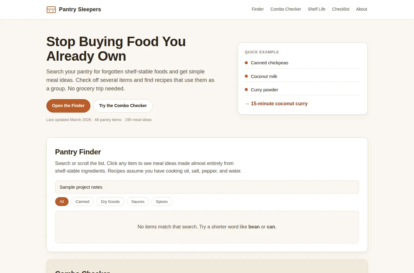Screenshot of Pantry Sleepers — Find Meals in What You Already Own interface showing the project page in use